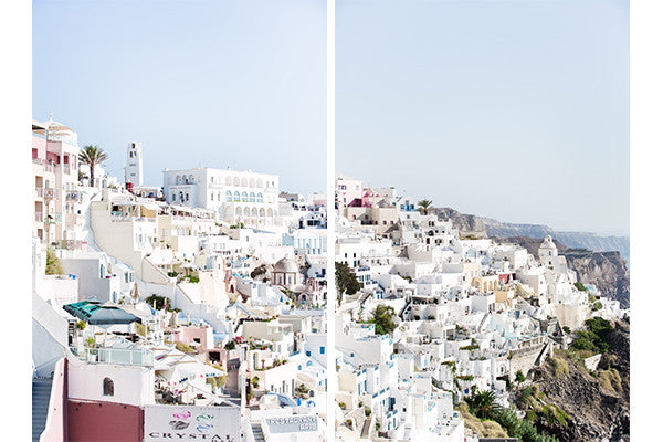 Fill your wall with beautiful Fira Town, Santorini.  Cascading white washed houses overlooking the beautiful ocean, the perfect view to wake up to.